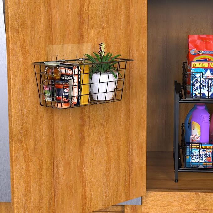 MaraFansie Over the Cabinet Door Organizer Wall Wire Baskets Hanging Kitchen Basket Shelf for Cabinet & Pantry Organization and Kitchen, Bathroom, Bedroom Storage, with Adhesive, Black, 3 Pack - Image 4