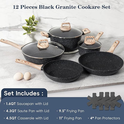 SODAY 12 Pcs Pots and Pans Set Non Stick, Cookware Sets Black Granite Induction Cookware, Non-toxic Healthy Nonstick Kitchen Cooking Set with Frying Pans Set, Saucepans (PFAS/ PFOA/ PFOS Free) - Image 3