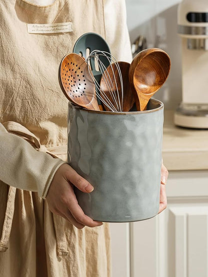 famiware Ocean Utensil Holder, 7.2"+5.8" Ceramic Kitchen Utensil Holder for Countertop, 2 Pieces Cooking Utensil Crocks, Utensil Organizer for Spatula & Spoon, Kitchen Decor, Set of 2, Gray - Image 4