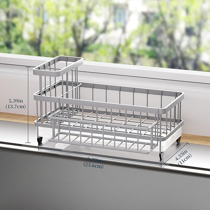 Consumest Sponge Holder for Kitchen Sink - Auto Draining Sink Caddy Organizer with Detachable Rack, High Brush Holder, Kitchen Countertop Storage Accessories, Grey - Image 6