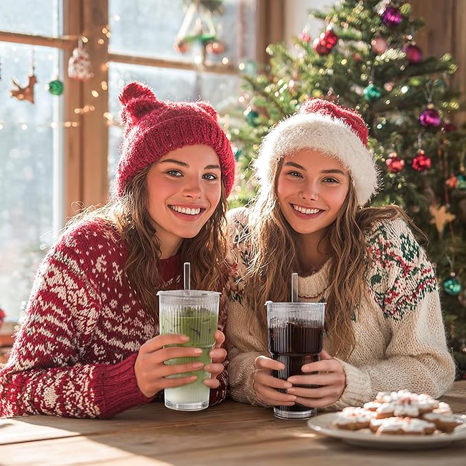 Iced Coffee Cups with Lids: Coffee Bar Accessories - Ribbed Glass Tumbler with Straw and Lid 4Pcs - 20oz Leak Proof Tumbler - Reusable Glass Cups and Tumblers with Lid and Straws for To Go Iced Coffee - Image 8
