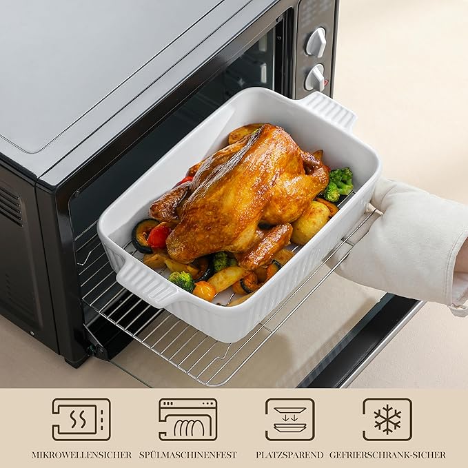 MALACASA 4.4 QT Baking Dish with Rack, 9x13 Large Casserole Dish for Oven, Ceramic Baking Pan with Rack, Rectangular Lasagna Pan Deep with Handles for Baking, Durable Microwave Oven Safe, White - Image 4