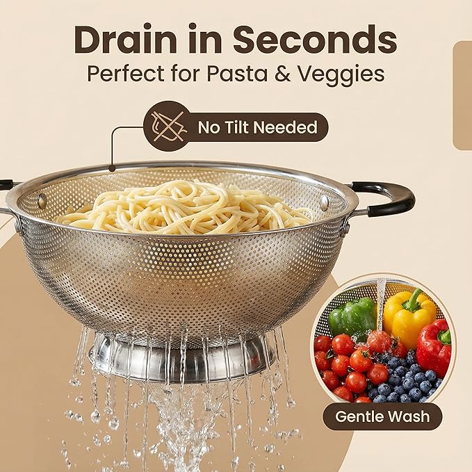 304 Stainless Steel Colander, 3 Quart Micro-Perforated Strainer with Heavy Duty Plastic Handles - Fast Draining Metal Basket for Rinsing Rice, Washing Vegetables, Draining Pasta - Dishwasher Safe - Image 5