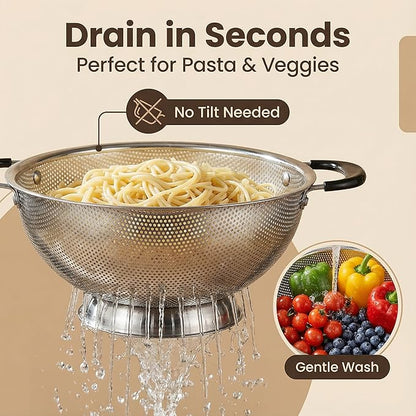 304 Stainless Steel Colander, 3 Quart Micro-Perforated Strainer with Heavy Duty Plastic Handles - Fast Draining Metal Basket for Rinsing Rice, Washing Vegetables, Draining Pasta - Dishwasher Safe - Image 5