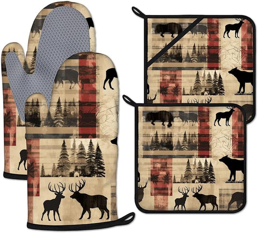 Deer and Bear Oven Mitts and Pot Holders Sets Heat Resistant 4Pcs Wild Animal Potholders Oven Gloves Hot Pads for Kitchen Baking Cooking Grilling BBQ