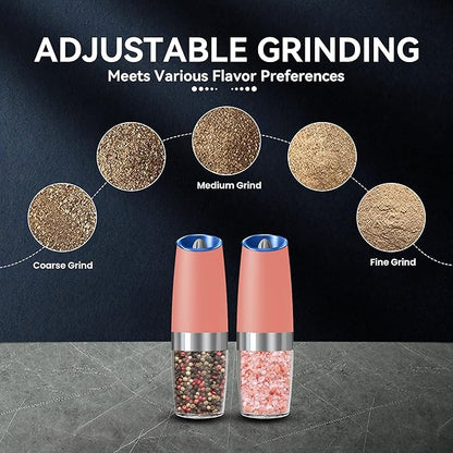 UNNEES Gravity Electric Salt and Pepper Grinder set of 2, Automatic Salt And Pepper Grinder Set, Adjustable Roughness, Battery Powered, LED Light, 2 Pack, (Pink) - Image 3
