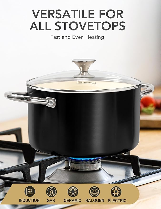 MICHELANGELO Ceramic Stock Pot with Lid, 6 Quart Pot with Nonstick Coating, Induction Cooking Pot for Induction and All Stovetops - 6QT, Black - Image 4