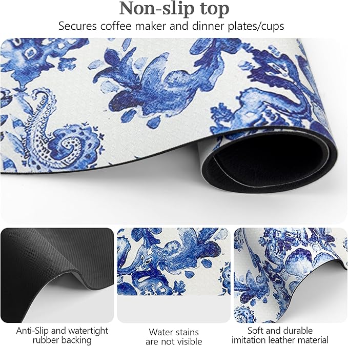 Bloss Dish Drying Mat, Multiple Usage Coffee Bar Mat, Kitchen Counter Mats, Absorbent Hide Stain Rubber Backed Dish Drying Pad(16.1"x24.1", Ink Cyan Flower) - Image 5