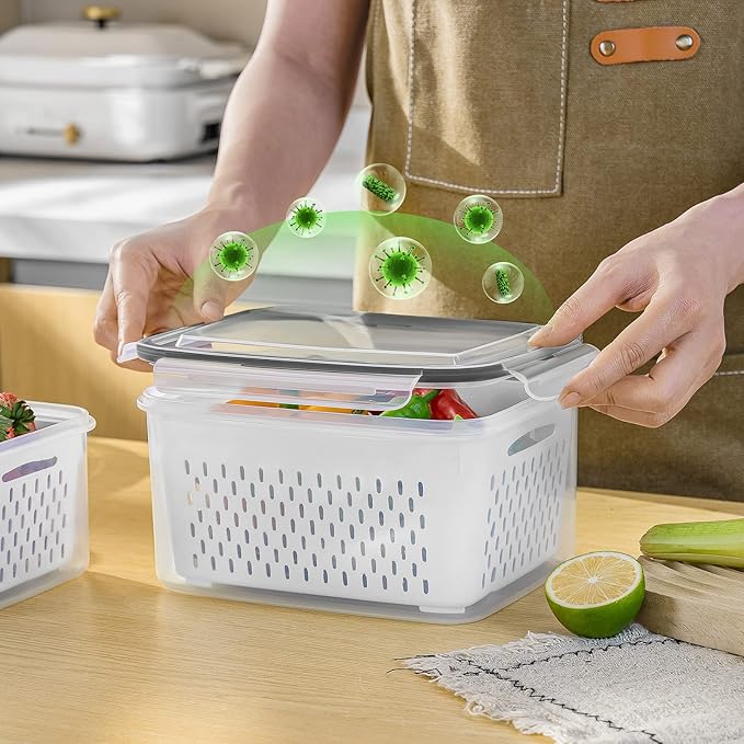 5 PCS Large Fruit Containers for Fridge - Leakproof Food Storage Containers with Removable Colander - Dishwasher & microwave safe Produce Containers Keep Fruits, Vegetables, Berry, Meat Fresh longer - Image 7