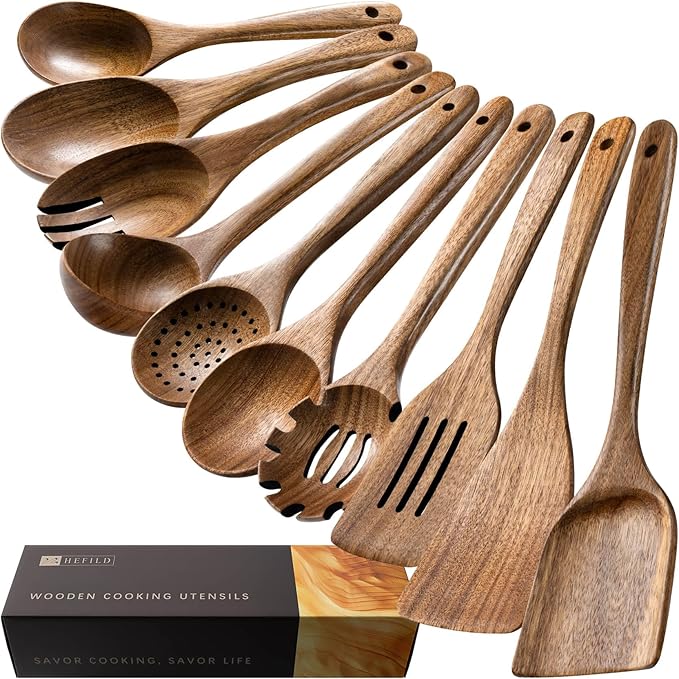 Wooden Spoons for Cooking, Nonstick Cooking Utensil Set with 10 Piece Acacia Wooden Spatulas and Spoons for Cooking, Terrific for Everyday Kitchen Tasks by HEFILD