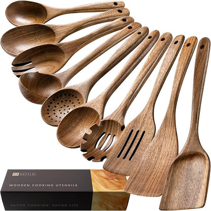 Wooden Spoons for Cooking, Nonstick Cooking Utensil Set with 10 Piece Acacia Wooden Spatulas and Spoons for Cooking, Terrific for Everyday Kitchen Tasks by HEFILD