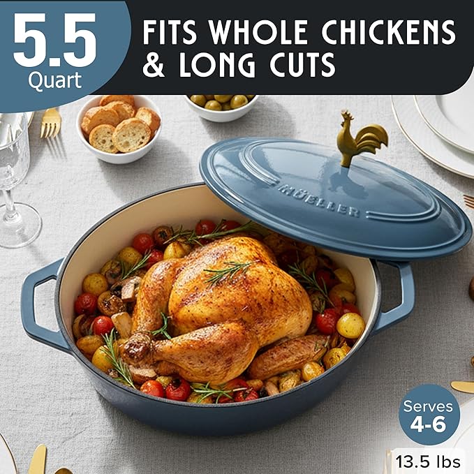 MUELLER HOME 5.5 Quart Enameled Cast Iron Oval Dutch Oven w Rooster Knob & Cotton Potholders, Heavy-Duty Cookware, Oven-Safe up to 500° F & Across All Cooktops, Gifts for Grandma & Women, Mineral Blue - Image 3