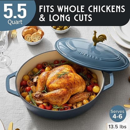 MUELLER HOME 5.5 Quart Enameled Cast Iron Oval Dutch Oven w Rooster Knob & Cotton Potholders, Heavy-Duty Cookware, Oven-Safe up to 500° F & Across All Cooktops, Gifts for Grandma & Women, Mineral Blue - Image 3