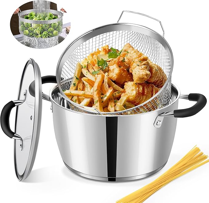 AOSION 6 Quart Stainless Steel Stockpot with Deep Fryer Basket, Stainless Steel Pot with Lid, 6QT Large Stock Pot, Induction Ready, Compatible with All Stoves, Dishwasher Safe