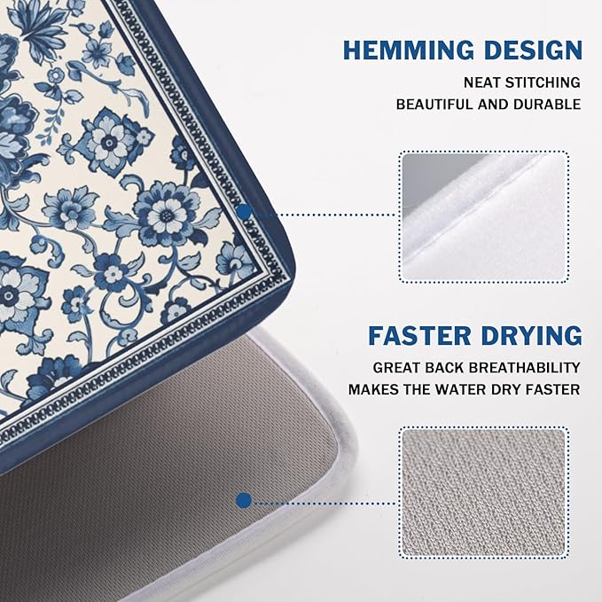 Blue Floral Dish Drying Mat for Kitchen Counter Vintage Flower Pattern Microfiber Dish Drainer Mat Rustic Farmhouse Absorbent Washable Drying Pad Extra Large 18"x24"