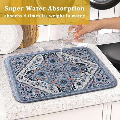 Boho Flower Dish Drying Mat Blue Bohemian Dishes Drainer Rack Mat 16x18 Inch Microfiber Kitchen Drying Pad for Countertop Tableware Decor