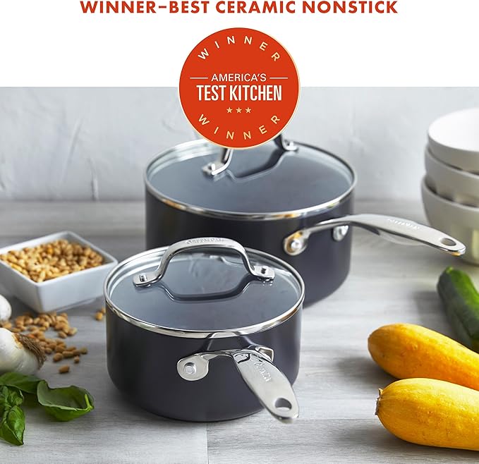 GreenPan Valencia Pro Ceramic Nonstick 1.66QT & 3.3QT Saucepan Pots with Lids Set, Hard Anodized PFAS-Free Cookware, Induction Ready & All Cooktops, Soup & Sauce, Dishwasher & Oven Safe to 600F, Gray - Image 2