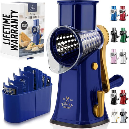 Zulay Kitchen Rotary Cheese Grater 5 Blade Cheese Shredder - Manual Hand Crank Cheese Grater With Reinforced Suction & 5 Interchangeable Drums - Easy to Use, Vegetable Chopper Round Mandoline Slicer by ZulayKitchen