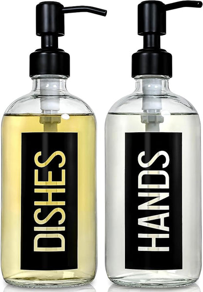 JASAI 2Pack 18OZ Glass Soap Dispenser, Black Stainless Steel Pump, Kitchen Dispenser with Classy Label, Refillable for Dishes by JASAIHOME