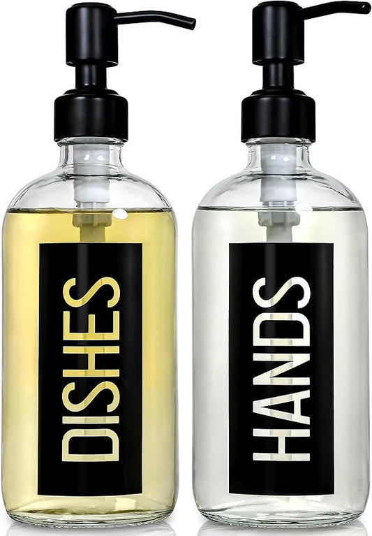 JASAI 2Pack 18OZ Glass Soap Dispenser, Black Stainless Steel Pump, Kitchen Dispenser with Classy Label, Refillable for Dishes by JASAIHOME