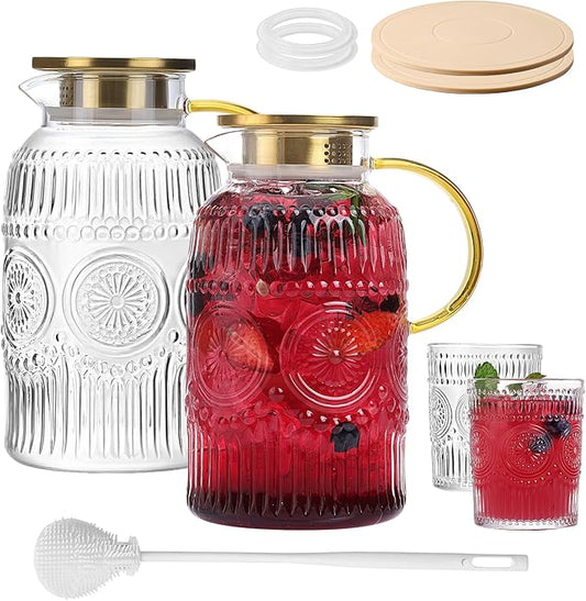 2 Pack Vintage Glass Pitchers with Lid and 2 Cups, 68oz/ 2 Liter Glass Water Pitcher with Handle and Lid for Fridge, Iced Tea, Coffee, Borosilicate Glass Carafe for Hot/Cold Brew Drink