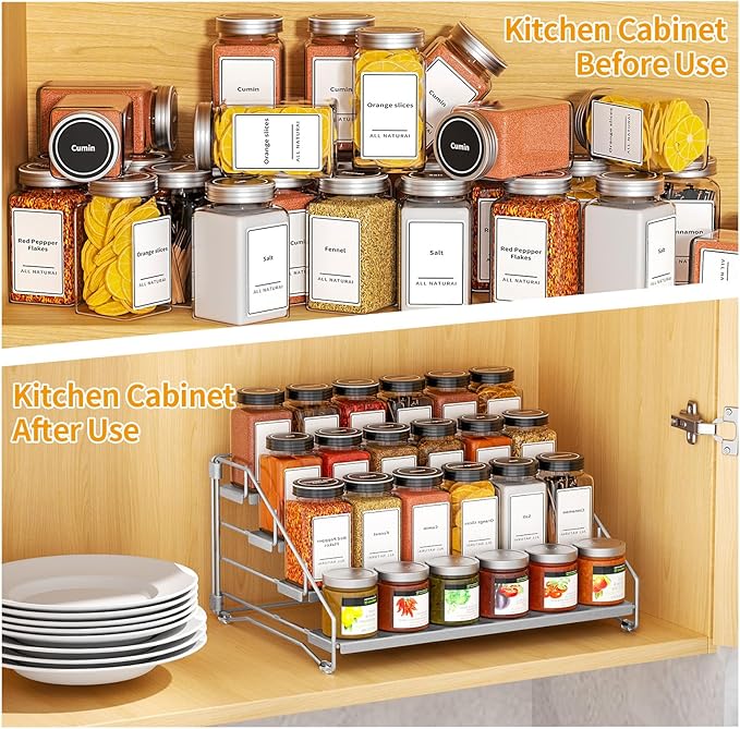 BOIVSHI 4 Tier Spice Rack for Cabinet, Spice Rack Organizer, Depth Adjustable Spice Organizer for Countertop, Cupboard, Pantry, Seasoning Shelf, Metal, Gray (1 Pack) - Image 3