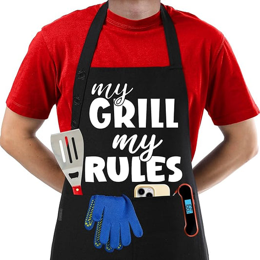 TOSHE Funny Apron Waterdrop Resistant Cotton Apron with adjustable Aprons for Women with Pockets 12 Color option Cooking (Black - My Grill My Rules) by TOSHE