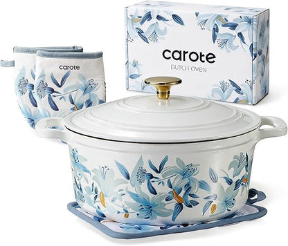 CAROTE 5 QT Cast Iron Dutch Oven Pot with Lid, Enameled Floral Dutch Ovens with Cotton Potholders & Oven Gloves, Gift Box, Cast Iron Pot for Sourdough Bread Baking, Braising, Stews, Roasting, Dual Handles, All Stovetop Compatible, Oven Safe up to 500° ... by CAROTE