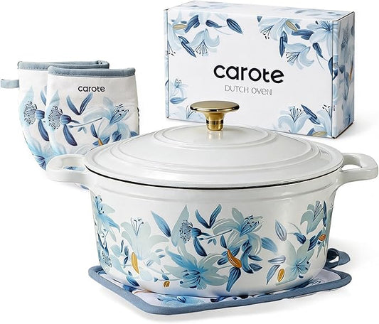 CAROTE 5 QT Cast Iron Dutch Oven Pot with Lid, Enameled Floral Dutch Ovens with Cotton Potholders & Oven Gloves, Gift Box, Cast Iron Pot for Sourdough Bread Baking, Braising, Stews, Roasting, Dual Handles, All Stovetop Compatible, Oven Safe up to 500° ... by CAROTE