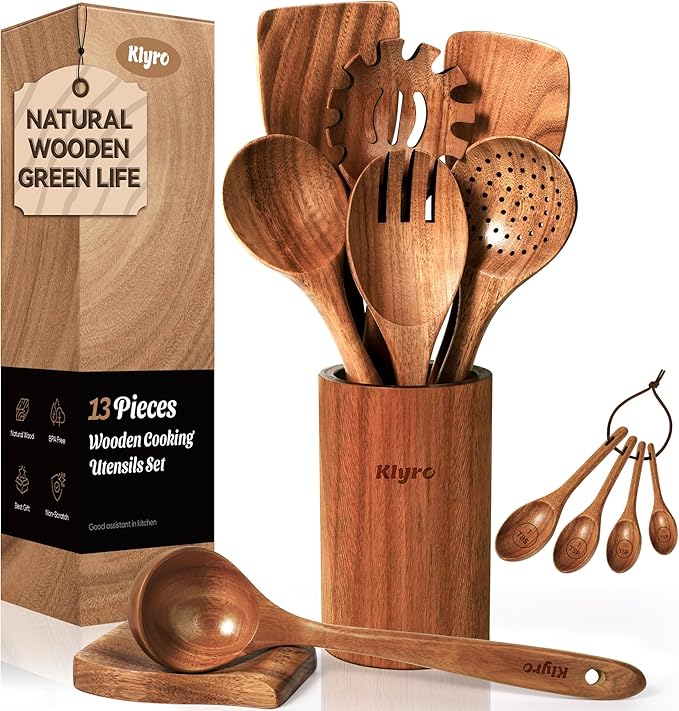 KLYRO Wooden Spoons for Cooking, Nonstick Kitchen Utensils Set with 4 Piece Measuring Spoons, Comfort Grip Wooden Spatula Set, 9 Piece Teak Wooden Cooking Utensils with Holder and Spoon Rest by KLYRO