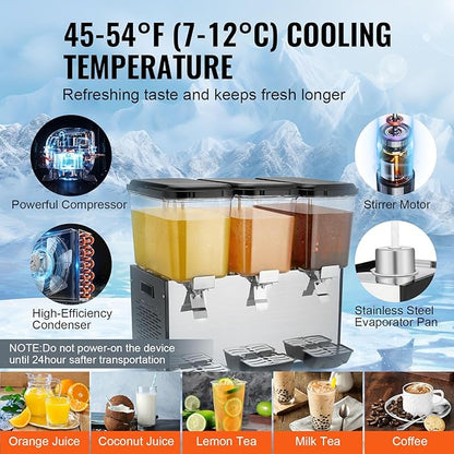 VEVOR Commercial Beverage Dispenser, 3 Tanks 18 L / 19 QT Per Tank Juice Dispenser, 512W Stainless Steel Ice Tea Drink Machine with 45°F-54°F Cooling Temperature, for Cold Drink Restaurant Bar Party - Image 3
