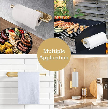 Self Adhesive Paper Towel Holder Under Cabinet Mount, Wall Mounted Paper Towel Roll Holder for Kitchen, Bathroom, Wall,BBQ Grill, Gold