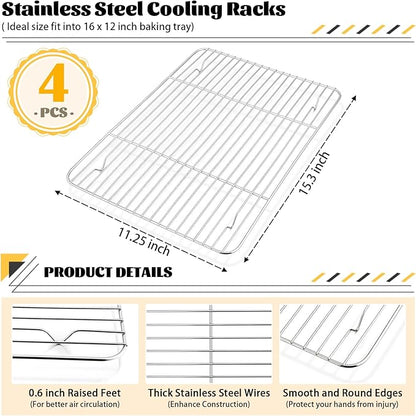 P&P CHEF Baking Cooling Rack Set for Cooking Roasting, 4-Piece Stainless Steel Wire Racks for Oven Use, Healthy & Dishwasher Safe, Rectangle, 15.3 Inch