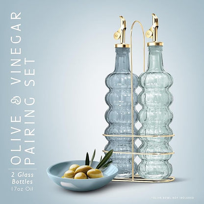 COOK WITH COLOR Glass Olive Oil Bottle Dispenser - 2 Pack- 17oz Oil and Vinegar Cruet - Olive Oil Carafe Decanter for Kitchen, Elegant Waves, Blue - Image 2