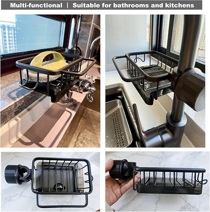 Sink Organizer Rack for Kitchen and Bathroom, 2025 New Stainless Steel Detachable Hanging Faucet Drain Rack with Drip Tray Faucet Sponge Holder for Bathroom, Scrubbers, Soap (Black, Left) - Image 6