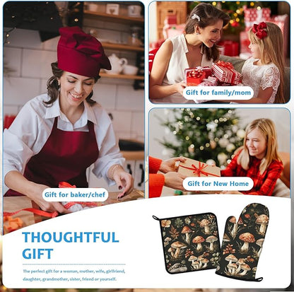 Watercolor Forest Mushroom Oven Mitts and Pot Holders Sets Heat Resistant 4Pcs Potholders Oven Gloves Hot Pads for Kitchen Baking Cooking Grilling BBQ