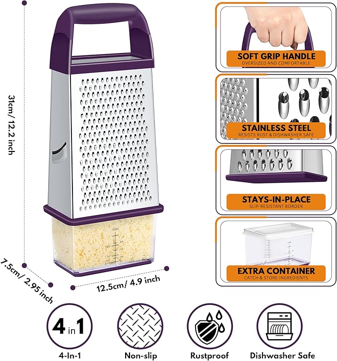 Urbanstrive Cheese Grater With Container, Professional Cheese Grater with Handle, Stainless Steel Graters for Kitchen Handheld, Box Grater with 4 Sides for Vegetables, Ginger, Potatoes (Purple) - Image 2