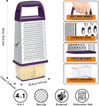 Urbanstrive Cheese Grater With Container, Professional Cheese Grater with Handle, Stainless Steel Graters for Kitchen Handheld, Box Grater with 4 Sides for Vegetables, Ginger, Potatoes (Purple) - Image 2