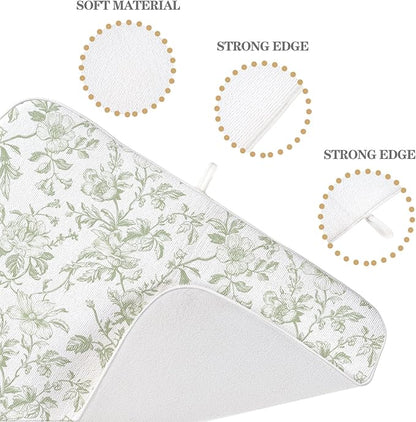 Sage Green Floral Dish Drying Mat 18 x 24 Inch Vintage Light Green Floral Drying Mat for Kitchen Counter Absorbent Spring Summer Flowers Dishes Dry Pad for Drainer Rack Kitchen Fast Dry
