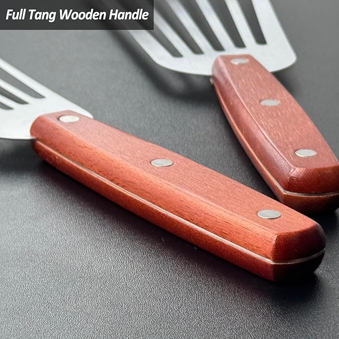 2 Pack Fish Spatula Turner, Stainless Steel Slotted Spatulas for Flipping, Turning, Frying & Grilling, 3"x6"+4"x8" Metal Slotted Spatulas, Wooden Full Tang Handle & Curved Blade - Image 5