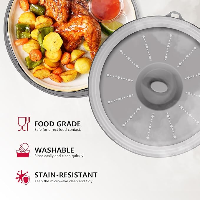 WVM Microwave Splatter Cover & Mat, Vented Collapsible Splatter Guard dish Plate lid & Silicone Round Kitchen Mat for Food, Meal Prep, Grey - Image 3