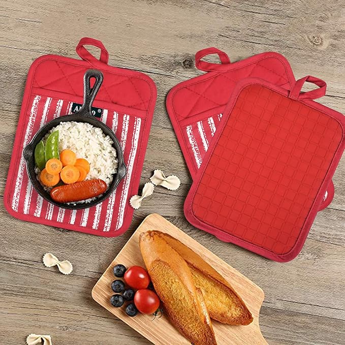 Alselo Silicone Pot Holders Set of 3 Heat Resistant & Non Slip Potholders, Professional Oven Hot Pads with Pockets Mitts for Kitchen Cooking Baking Barbecue (3, Red) - Image 6