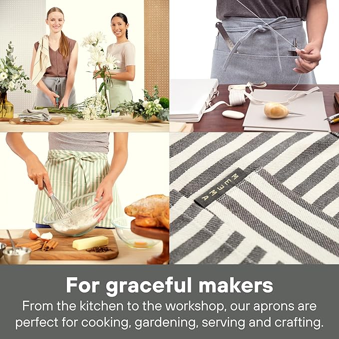 MEEMA Chef Waist Apron Cotton Fabric |Washable & Breathable Waitress & Server Half Aprons for Women with Pockets & Long Waist Straps | Cooking, Baking, Grilling & Crafting