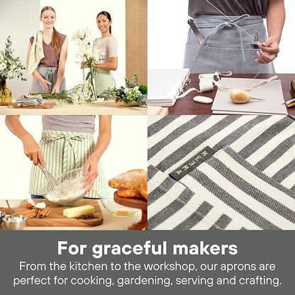 MEEMA Chef Waist Apron Cotton Fabric |Washable & Breathable Waitress & Server Half Aprons for Women with Pockets & Long Waist Straps | Cooking, Baking, Grilling & Crafting