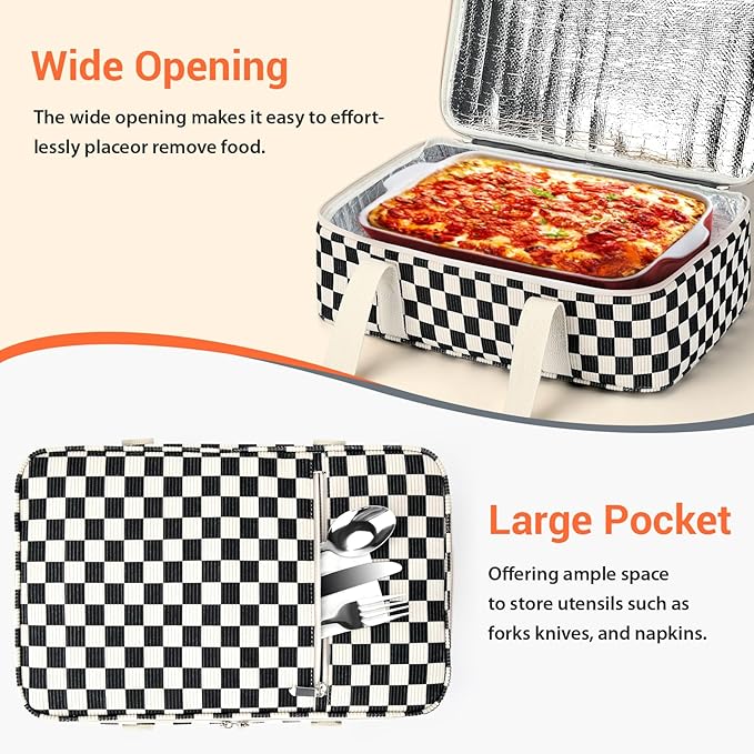 Insulated Casserole Carrier for Hot or Cold Food,Pie Carrier Bag Lunch Bag Tote for Potluck Parties/Picnic/Cookouts, Fits 9"x13" Baking Dish,Corduroy Black Checkered