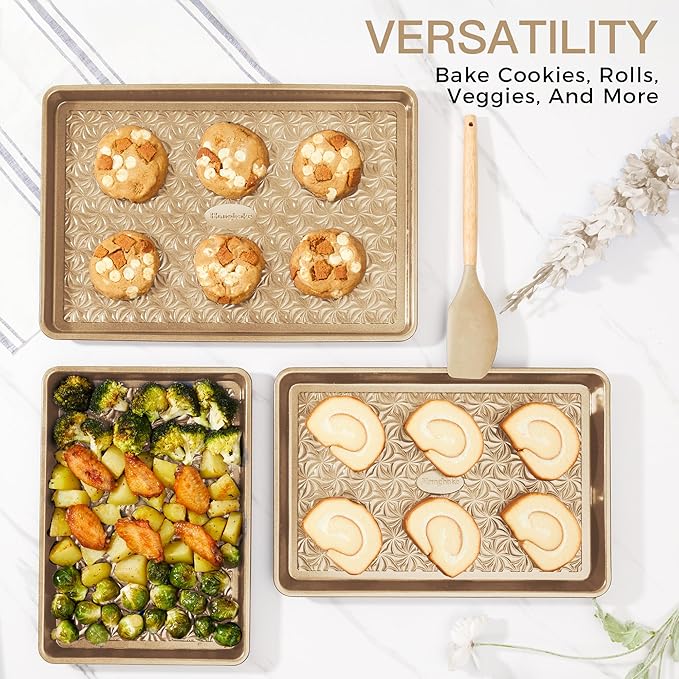 HONGBAKE Nonstick Baking Sheet Pan Set of 3, Cookie Sheets for Oven, Non-Toxic Half/Quarter/Jelly Roll Pans with Floral Swirl Texture, Heavy Duty 0.8mm Thick Oven Trays for Cooking, Antique Gold - Image 4