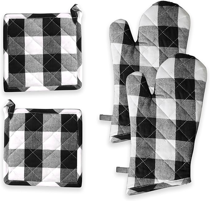 Oven Mitt & Pot Holder Buffalo Plaid Check 100% Cotton Heat Resistant Oven Gloves (7"x13") & Hot Pads (8"x8") Combo for Baking, Cooking - Black