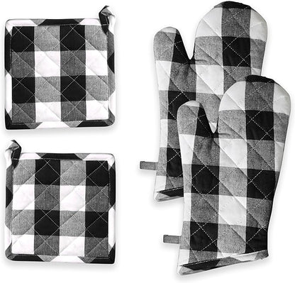 Oven Mitt & Pot Holder Buffalo Plaid Check 100% Cotton Heat Resistant Oven Gloves (7"x13") & Hot Pads (8"x8") Combo for Baking, Cooking - Black
