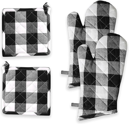 Oven Mitt & Pot Holder Buffalo Plaid Check 100% Cotton Heat Resistant Oven Gloves (7"x13") & Hot Pads (8"x8") Combo for Baking, Cooking - Black