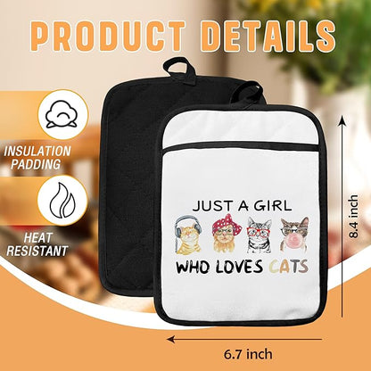 Cat Pot Holders with Pockets, Just a Girl Who Loves Cats Oven Pot Holders Heat Resistant Oven Mitts Hot Pads for Kitchen Baking Cooking